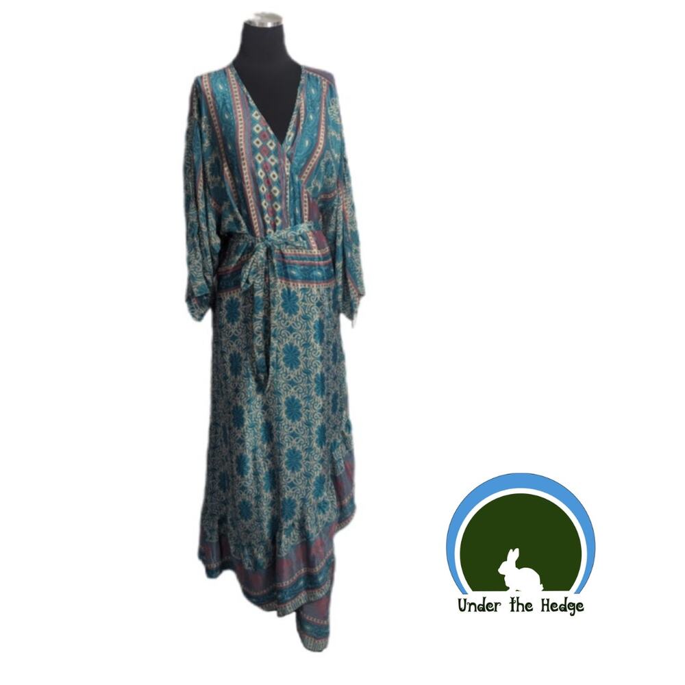 Turquoise Recycled Silk Blend Wrap Maxi Sari Dress Goddess Plus Size Boho Q1